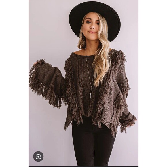 Womens Sweater S/M Brown Cropped Fringe Cable Knit Boho Pullover Oversized Rodeo - Picture 2 of 11